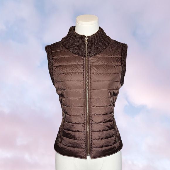 Vtg BBs Closet Y2k Brown White Knit Wool Blend Bird Snow Winter Puffer Vest Sz L - Picture 2 of 6